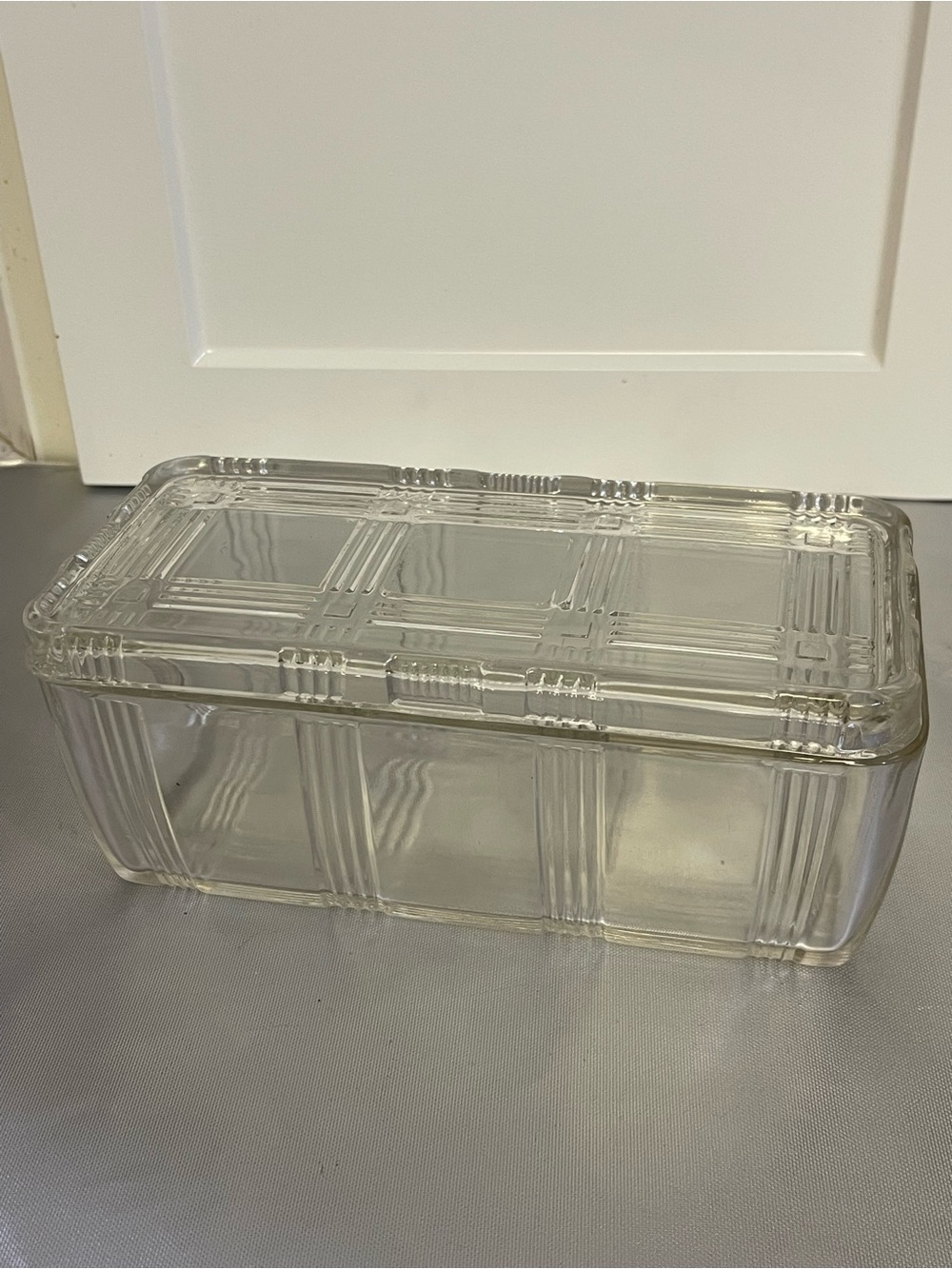 Vintage Hazel-Atlas Clear Glass Criss Cross Rectangle Storage Dish with Lid